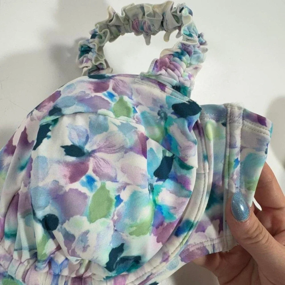 Multicolored Floral Bikini Top with Ruffles and Tie Detail
